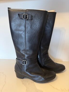 Clarks Black Leather Mid-Calf Wedge Boots with Buckles